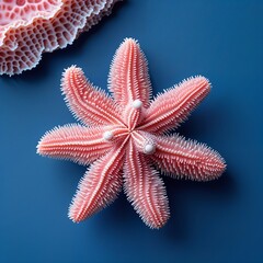 Star Coral Pink Coral gemstone closeup on plain cobalt blue background