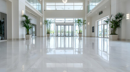 Fototapeta premium Modern building lobby, bright interior, glass doors, plants, marble floor; for real estate ads