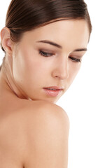 Obraz premium Smooth, studio or back of woman with skincare, natural shine or healthy glow on white background. Beauty, shoulder and female model with body cosmetics, dermatology treatment results and wellness