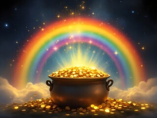 pot of gold coins with rainbow