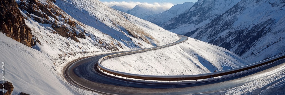 Poster A snowy mountain road with a curve in it