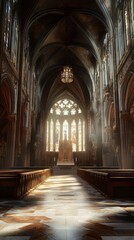 Obraz premium Sunlight streams through church's stained glass.