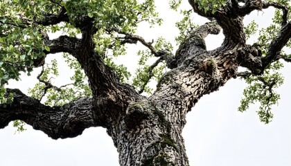 Naklejka premium Majestic Old Tree Trunk With Lush Green Foliage