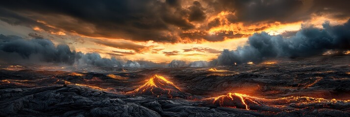 A fiery landscape with a sunset in the background