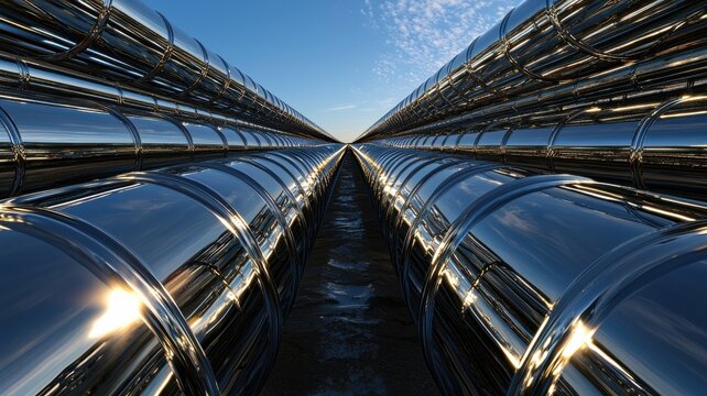 Shiny metal pipes stretching into a clear blue sky.