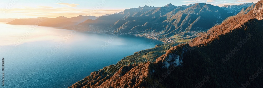 Poster a beautiful mountain range with a lake in the background