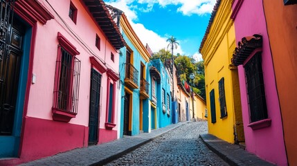 Fototapeta premium A vibrant street with colorful buildings and cobblestone road creates an inviting visual