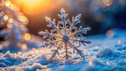 Delicate snowflake frozen in crystal clear ice , frosty morning