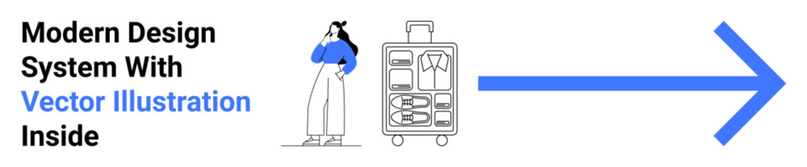 Woman pondering luggage, large arrow suggesting navigation and decision-making. Ideal for travel, logistics, planning, choices, user flow, direction, flat landing page banner