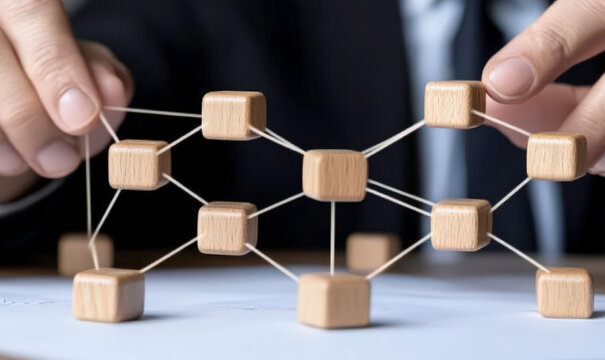 Hands Assembling Wooden Blocks and Strings to Create a Network Structure Representing Connections and Collaboration in Business or Technology