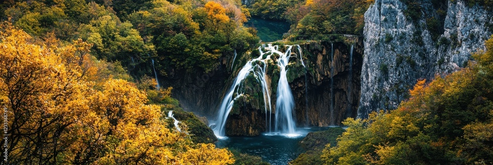 Poster a waterfall is surrounded by trees and a lake