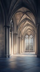 Sunlit Gothic cathedral hallway
