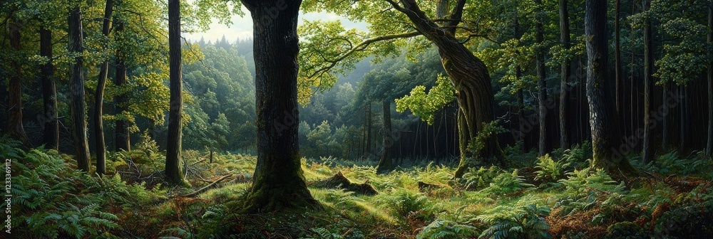 Poster a painting of a forest with a tree in the foreground
