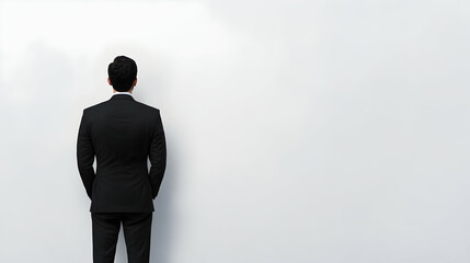 Fototapeta premium Businessman, back view, white wall, future planning