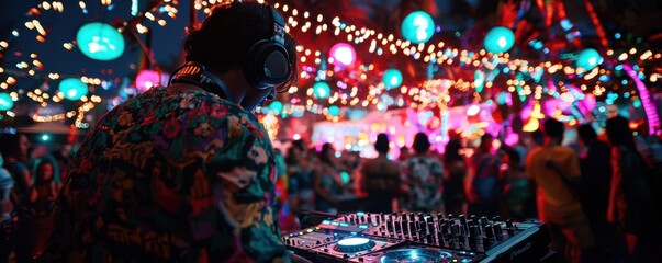 Vibrant nightlife with DJ performing at a colorful party scene.