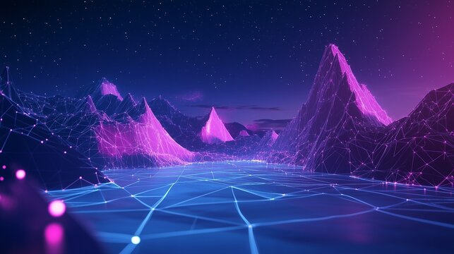 Wireframe Digital Landscape; purple alien cyber world