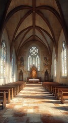 Obraz premium Sunlit church interior, peaceful scene