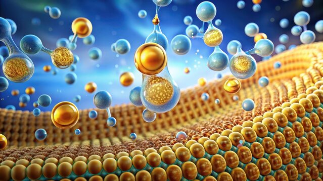 Cell membrane with water molecules and gold oil drops background, cell membrane structure