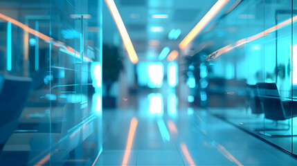 A modern office corridor with glass walls and ambient lighting, suggesting a professional environment.