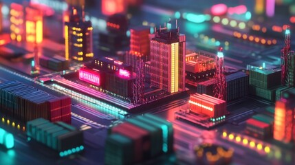 Fototapeta premium Neon Cityscape on a Circuit Board: A Futuristic Digital Metropolis