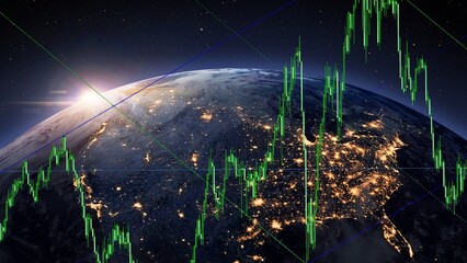 Global Economy and Financial Market Trends with Stock Graph Overlay
