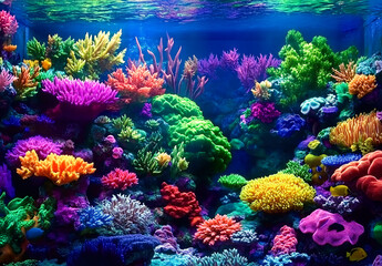 Naklejka premium A vibrant coral reef teeming with colorful fish and marine life, showcasing the beauty of the underwater world. 