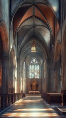 Fototapeta premium Sunlit church aisle and altar.