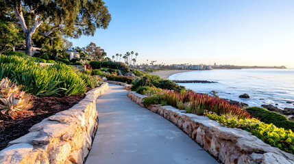 Fototapeta premium Coastal sunrise path, ocean view, tranquil beach, landscaping