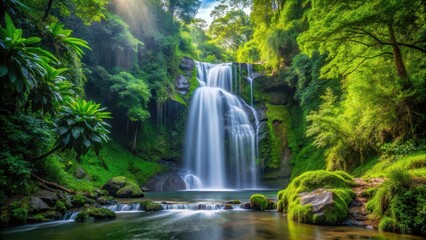 Obraz premium Waterfall surrounded by greenery, forest, outdoors, forest, outdoors, plants