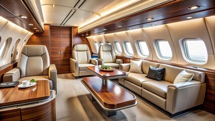 Luxurious First-Class Business Class Cabin with Polished Wooden Accents and Soft Leather Seating, upscale interior, air travel