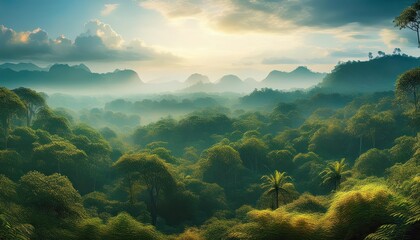 Verdant Tropical Forest Landscape Panorama A Vibrant Sunset Bathes the Lush Scenery of the Environmental Oasis, Offering a Stunning Glimpse into the Heart of Natures Abundance.