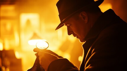 Detective examining evidence under warm light in a vintage office filled with mysterious artifacts