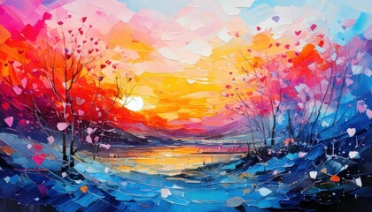 Vibrant Sunset Landscape Painting: An expressive, colorful landscape painting depicts a breathtaking sunset over a serene lake, with vibrant trees and a sky filled with warm and cool hues.
