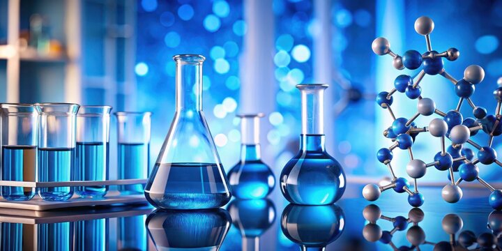Blue molecules in a lab background with beakers and test tubes containing chemical compounds for pharmacy research and development, pharmacy, experiment