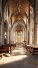 Sunlit church interior, serene and calm.