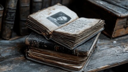 Obraz premium Ancient Books Stacked on Wooden Surface: A Glimpse into History