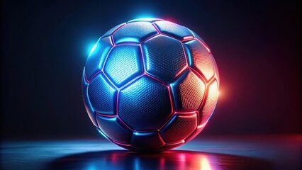 Fototapeta premium Futuristic neon-lit soccer ball with glowing panels and a metallic finish against a dark background, LED illuminated ball, modern sporting icon