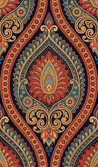 Intricate Indian Batik Block Print Paisley Booti Design in Vibrant Colors for Textile Use. Generative AI