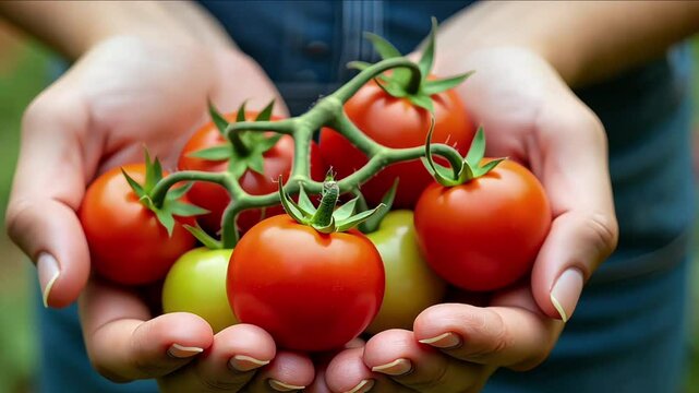 Woman holding tomatos grown in the garden for cooking tomato sauce, canned tomatoes or pasta with basil and garlic at kitchen counter, square crop. Healthy cooking, slow food or comfort food
