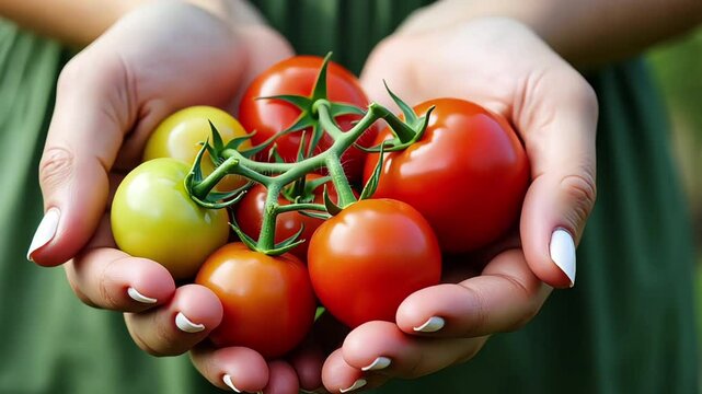 Woman holding tomatos grown in the garden for cooking tomato sauce, canned tomatoes or pasta with basil and garlic at kitchen counter, square crop. Healthy cooking, slow food or comfort food
