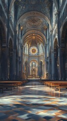 Grand cathedral interior, sunlit floor