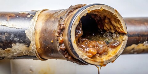 A clogged pipe with thick grease accumulation, fluid blockage, plumbing issue