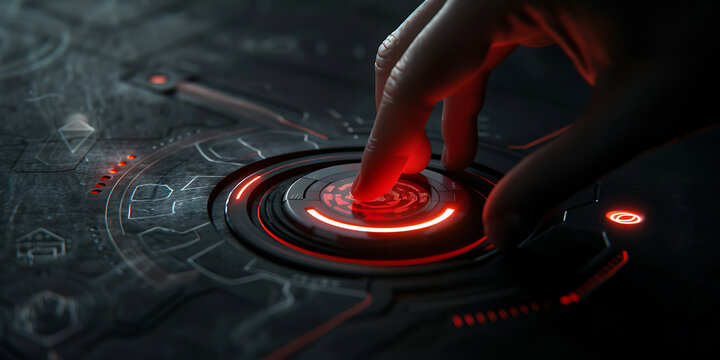 Finger Poised Above Glowing Red Circular Control Interface on Futuristic Dark 