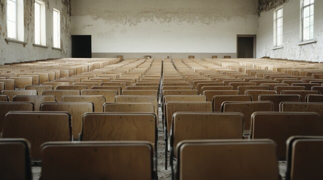 Abandoned lecture hall with empty wooden seats, peeling walls, and sunlight filtering through windows