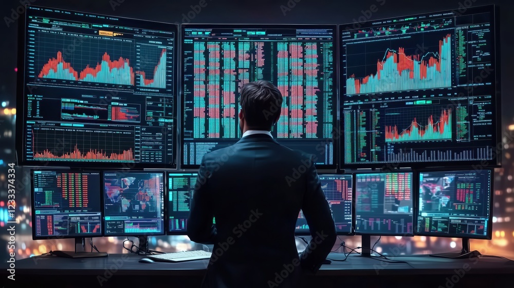 Poster professional trader analyzing financial data on multiple monitors in modern office environment with 