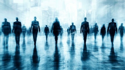 A sea of anonymous figures in motion, a mesmerizing urban ballet of blurred silhouettes and dynamic energy. The city's pulse is felt in this abstract vision of modern life.