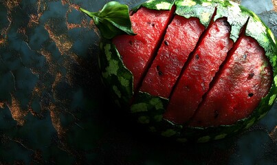 Sliced watermelon on dark rustic background, summer refreshment
