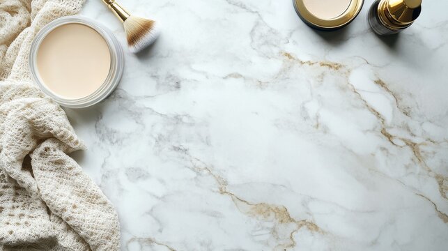 Flat Lay of Professional Cosmetics on Marble Surface