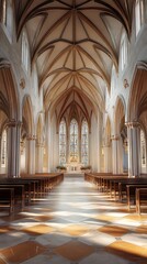 Fototapeta premium Sunlit church interior, peaceful scene.