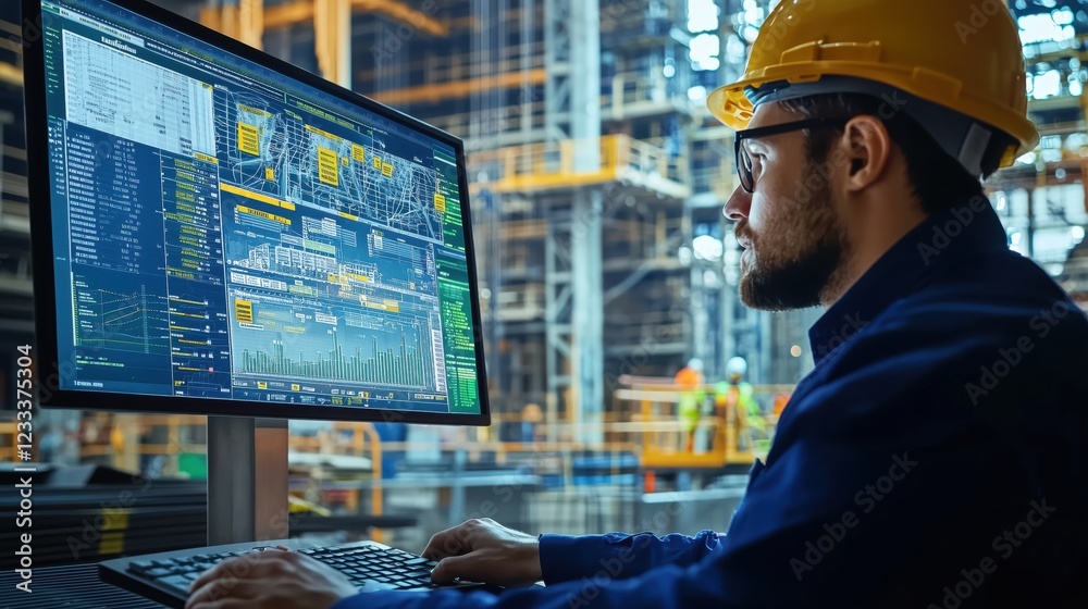 Poster industrial engineer analyzing data on computer screen in factory environment with construction worke